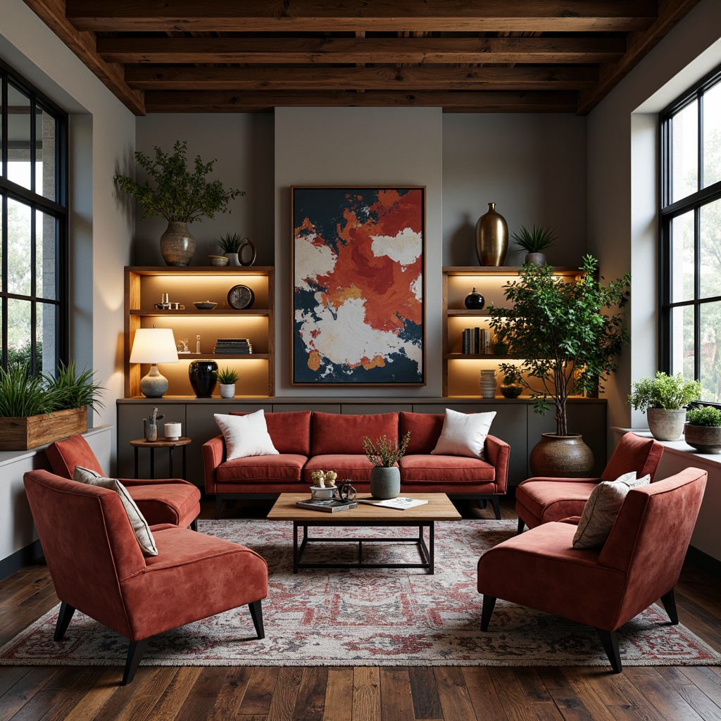 Prompt: Eclectic living room, vintage armchairs, distressed wood coffee tables, plush velvet sofas, industrial metal lamps, reclaimed wood shelves, abstract artwork, patterned rugs, bold colorful accents, natural stone vases, potted greenery, warm cozy lighting, shallow depth of field, 2/3 composition, atmospheric perspective, realistic textures.