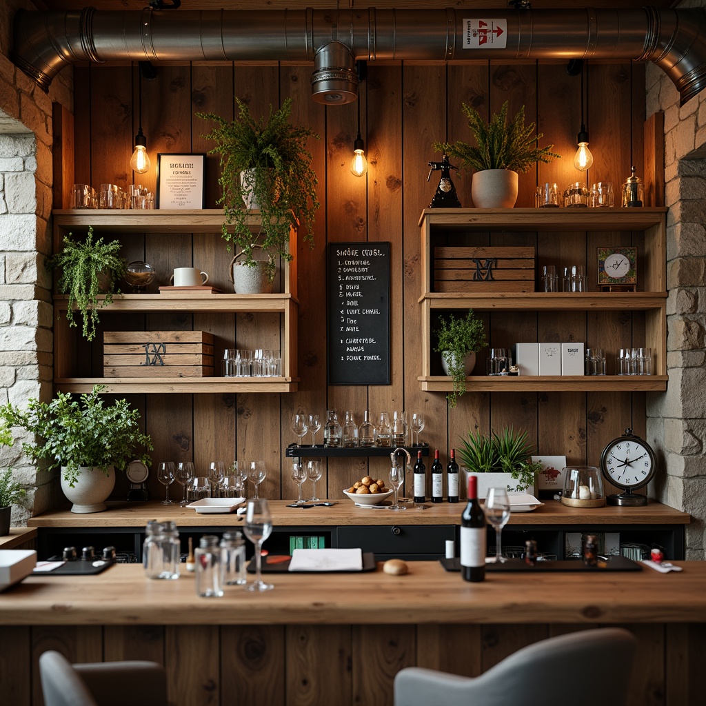 Prompt: Rustic farmhouse bar, reclaimed wood shelves, vintage metal brackets, wooden crates, industrial pipes, Edison bulbs, natural stone walls, earthy color palette, warm ambient lighting, shallow depth of field, 2/3 composition, realistic textures, subtle grain effects.