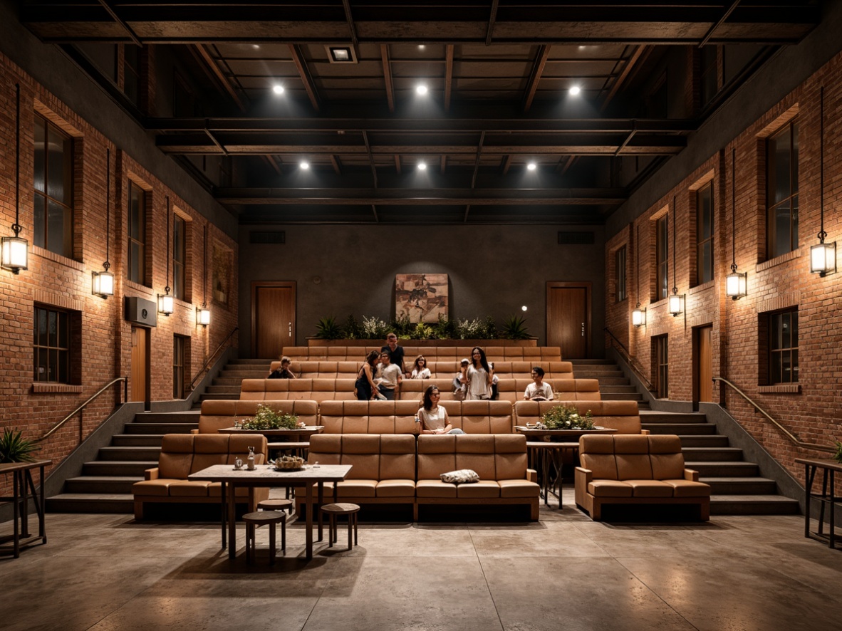 Prompt: Rustic theater interior, industrial-style seating arrangement, metal beams, exposed brick walls, reclaimed wood accents, vintage lighting fixtures, distressed leather seats, wooden benches, steel tables, eclectic decorative artifacts, urban loft atmosphere, warm color palette, dramatic spotlights, high ceiling, open floor plan, minimal ornamentation, functional simplicity, cinematic ambiance, 1/2 composition, low-key lighting, realistic textures.