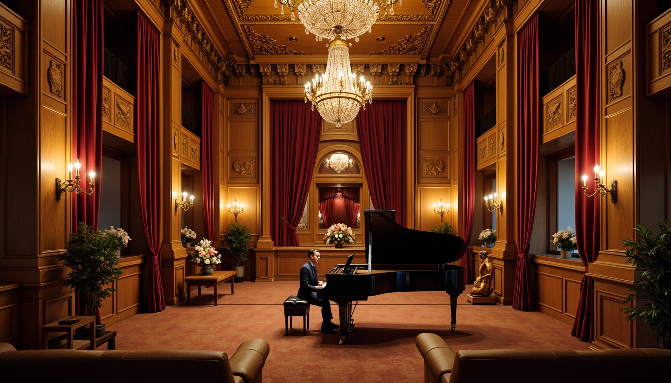 Prompt: Intimate music hall, ornate wooden paneling, rich velvet curtains, grand piano, acoustic soundboards, warm golden lighting, soft plush seating, elegant chandeliers, intricate moldings, high ceilings, natural stone walls, classic architectural details, refined ambiance, subtle reverberation, 1/2 composition, shallow depth of field, warm color tones, realistic wood textures, ambient occlusion.