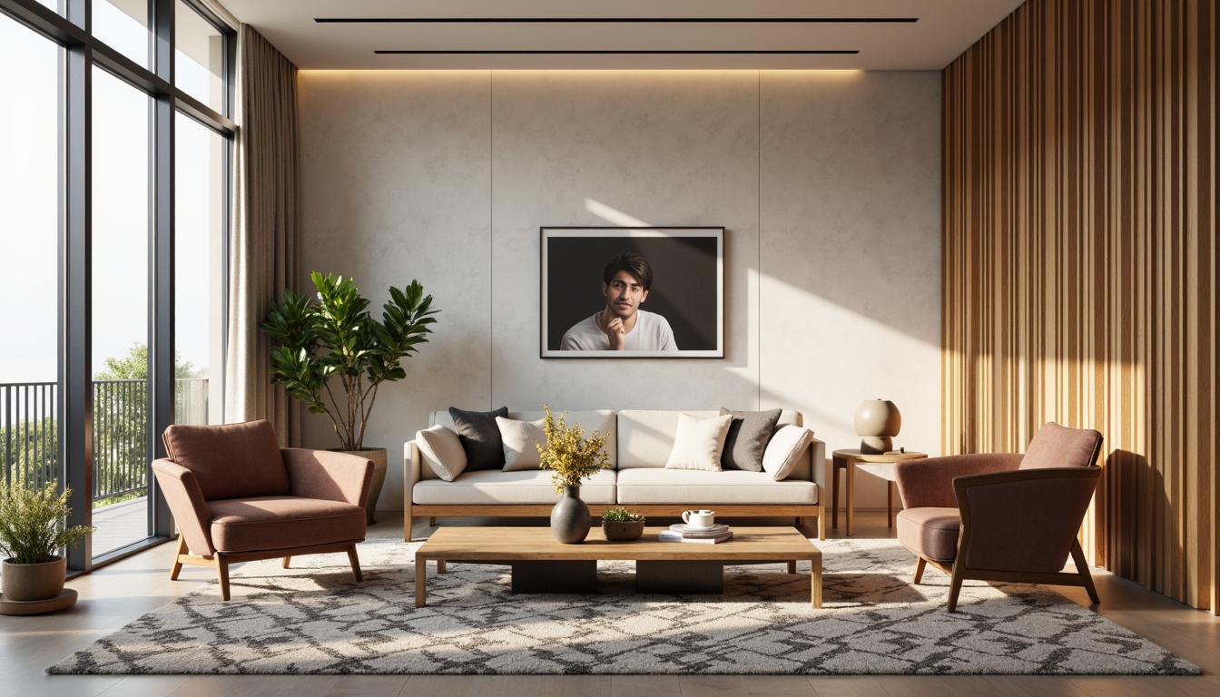 Prompt: Mid-century modern living room, minimalist decor, sleek low-profile sofa, velvet armchairs, wooden coffee table, geometric patterned rug, floor-to-ceiling windows, natural light, soft warm ambiance, 1/1 composition, realistic textures, ambient occlusion.