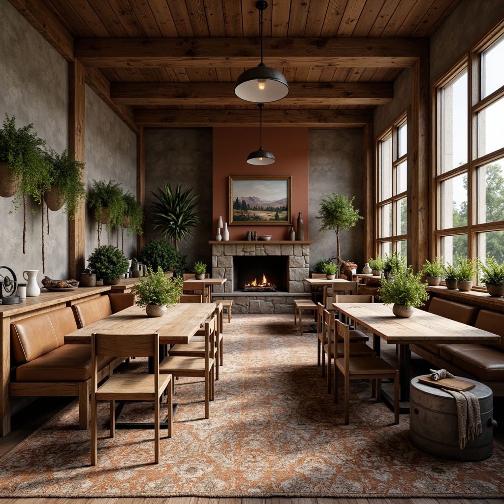 Prompt: Rustic wooden tables, vintage metal chairs, distressed leather sofas, natural fiber rugs, earthy color palette, reclaimed wood accents, galvanized metal decorations, potted greenery, antique farming tools, stone fireplaces, soft warm lighting, shallow depth of field, 3/4 composition, panoramic view, realistic textures, ambient occlusion.