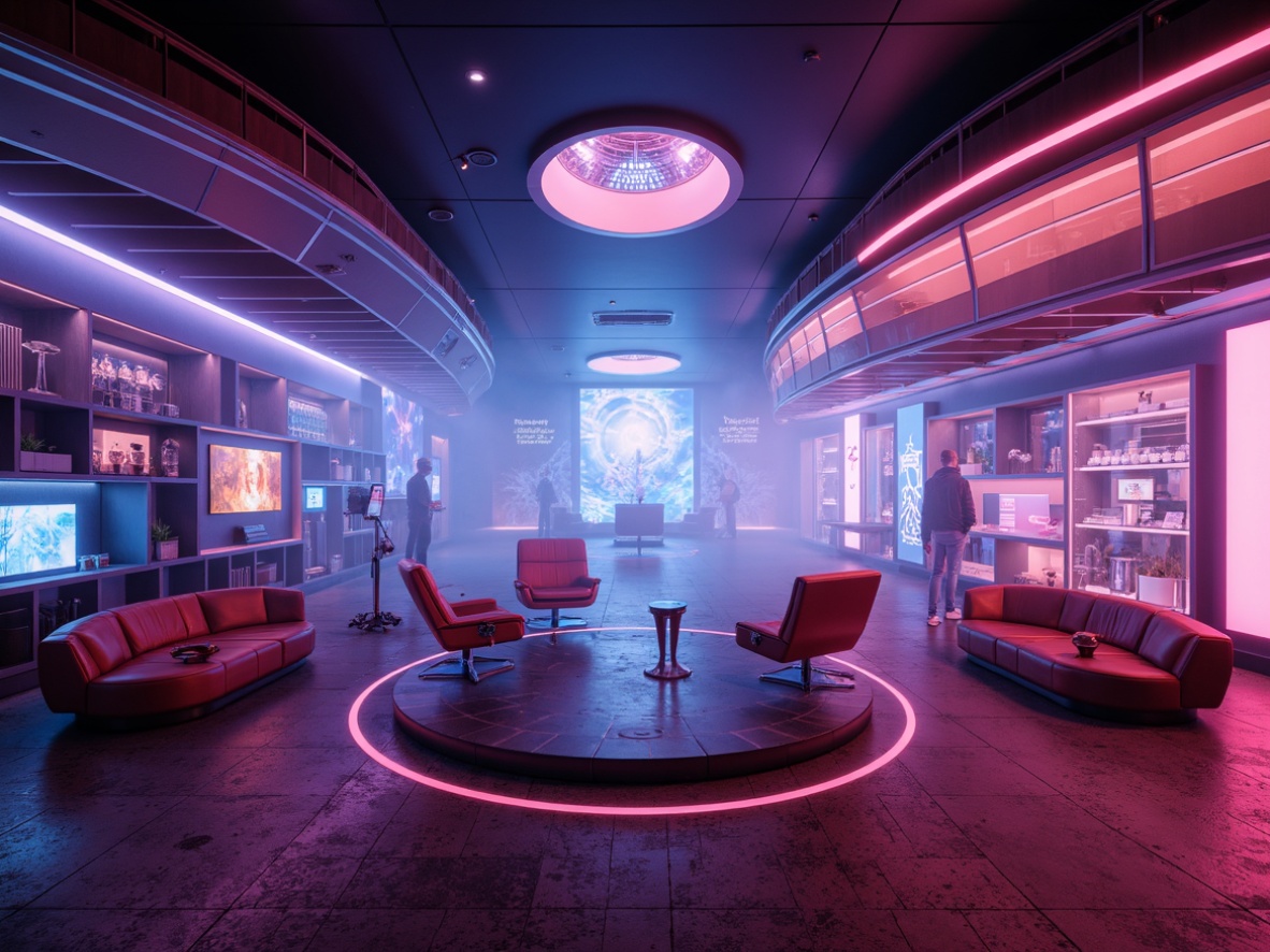 Prompt: Futuristic cinema set, retro-futuristic furniture, neon-lit surroundings, metallic accents, sleek lines, curved shapes, holographic displays, levitating chairs, hovering tables, minimalist decor, avant-garde lighting fixtures, vibrant color schemes, geometric patterns, 3D-printed components, transparent materials, kinetic sculptures, robotic arms, cyberpunk-inspired elements, atmospheric mist, high-contrast lighting, dramatic shadows, cinematic composition, shallow depth of field, futuristic textures.