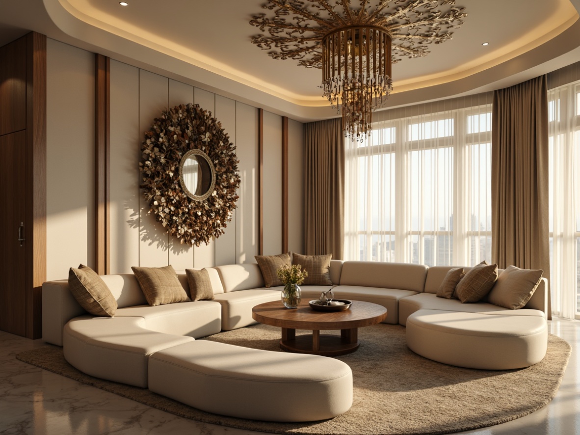 Prompt: Luxurious living room, sweeping curved lines, velvety soft sofas, rounded coffee tables, smooth marble floors, flowing drapery, ornate metal chandeliers, warm golden lighting, ambient shadows, 1/1 composition, shallow depth of field, soft focus effect, inviting atmosphere, elegant minimalism, subtle textures, creamy color palette, sophisticated furnishings, refined decor, plush area rugs, statement walls, artistic wall sculptures.