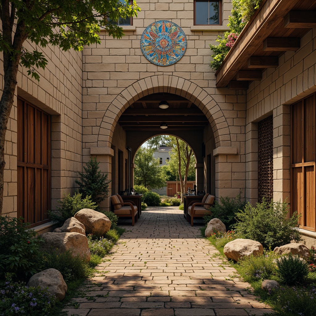 Prompt: Rustic stone walls, weathered wooden planks, distressed metal panels, rough-hewn boulders, moss-covered statues, intricately carved doorways, ornate Gothic arches, vibrant tile mosaics, eclectic mix of textures, warm golden lighting, shallow depth of field, 1/2 composition, atmospheric perspective, cinematic camera angles, richly detailed environments.