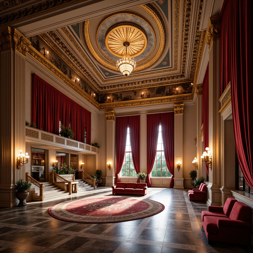 Prompt: Elegant amphitheater interior, classicism style, luxurious velvet drapes, ornate golden chandeliers, polished marble floors, intricate fresco ceilings, grandiose staircases, ornamental columns, richly patterned rugs, lavish furnishings, soft warm lighting, subtle shadows, 1/1 composition, symmetrical layout, realistic textures, ambient occlusion.