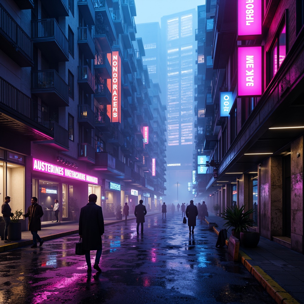 Prompt: Neon-lit cityscape, dark blues and purples, electric pink accents, metallic silver hues, iridescent whites, holographic reflections, glowing LED lights, high-tech gadgetry, sleek futuristic architecture, cyberpunk-inspired alleys, neon-drenched streets, atmospheric fog, moody lighting, shallow depth of field, 3/4 composition, panoramic view, realistic textures, ambient occlusion.