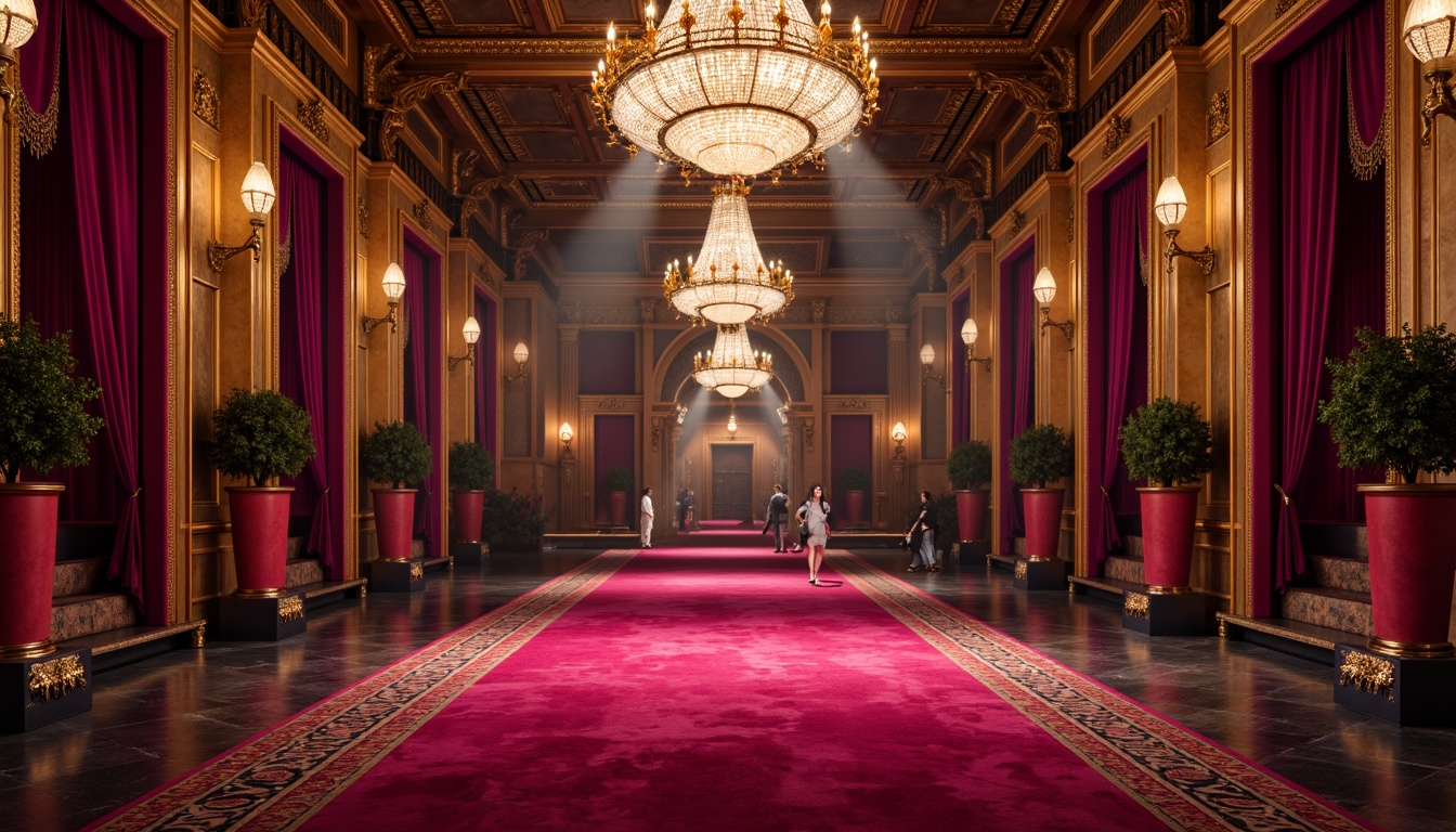 Prompt: Vibrant magenta accents, bold black outlines, rich gold metallic finishes, luxurious velvet textures, ornate Baroque patterns, lavish crystal chandeliers, opulent red carpeting, dramatic spotlights, cinematic 3/4 composition, warm golden hour lighting, shallow depth of field, realistic glossy reflections.