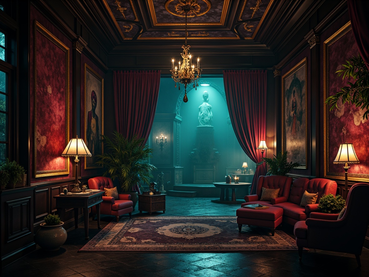 Prompt: Dark mysterious castle walls, rich velvety black, deep crimson red, midnight blue accents, golden ornate details, mystical purple hues, eerie green glow, spooky lantern lighting, dramatic drapery, lavish velvet fabrics, mysterious old books, ancient tapestries, ornate wooden furniture, creepy crawly creatures, misty foggy atmosphere, soft eerie shadows, cinematic composition, low-key lighting, mysterious ambiance.