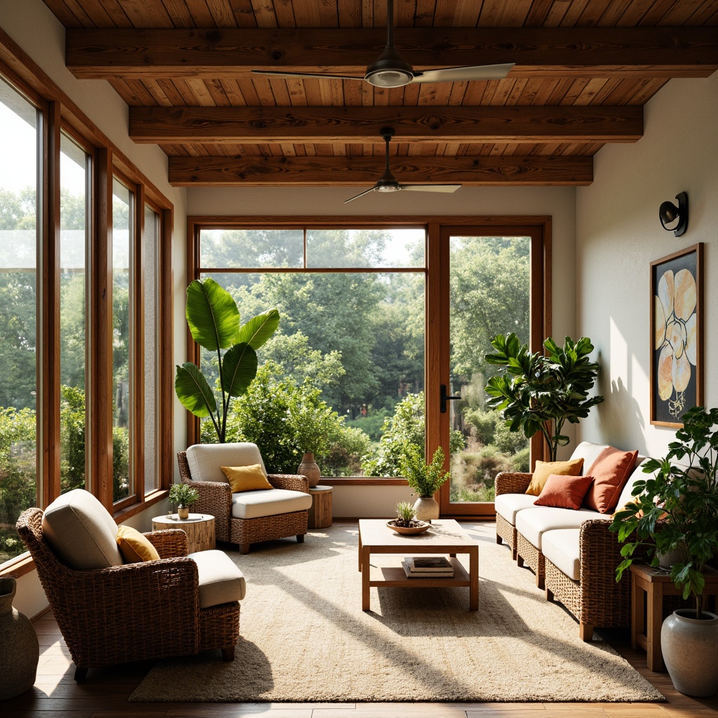 Prompt: Warm sunroom, mid-century modern style, large windows, sliding glass doors, natural stone flooring, wooden accents, woven wicker furniture, plush cushions, vibrant greenery, potted plants, organic shapes, earthy tones, rough-hewn wood beams, industrial metal lighting, geometric patterns, abstract artwork, soft diffused light, shallow depth of field, 1/2 composition, realistic textures, ambient occlusion.