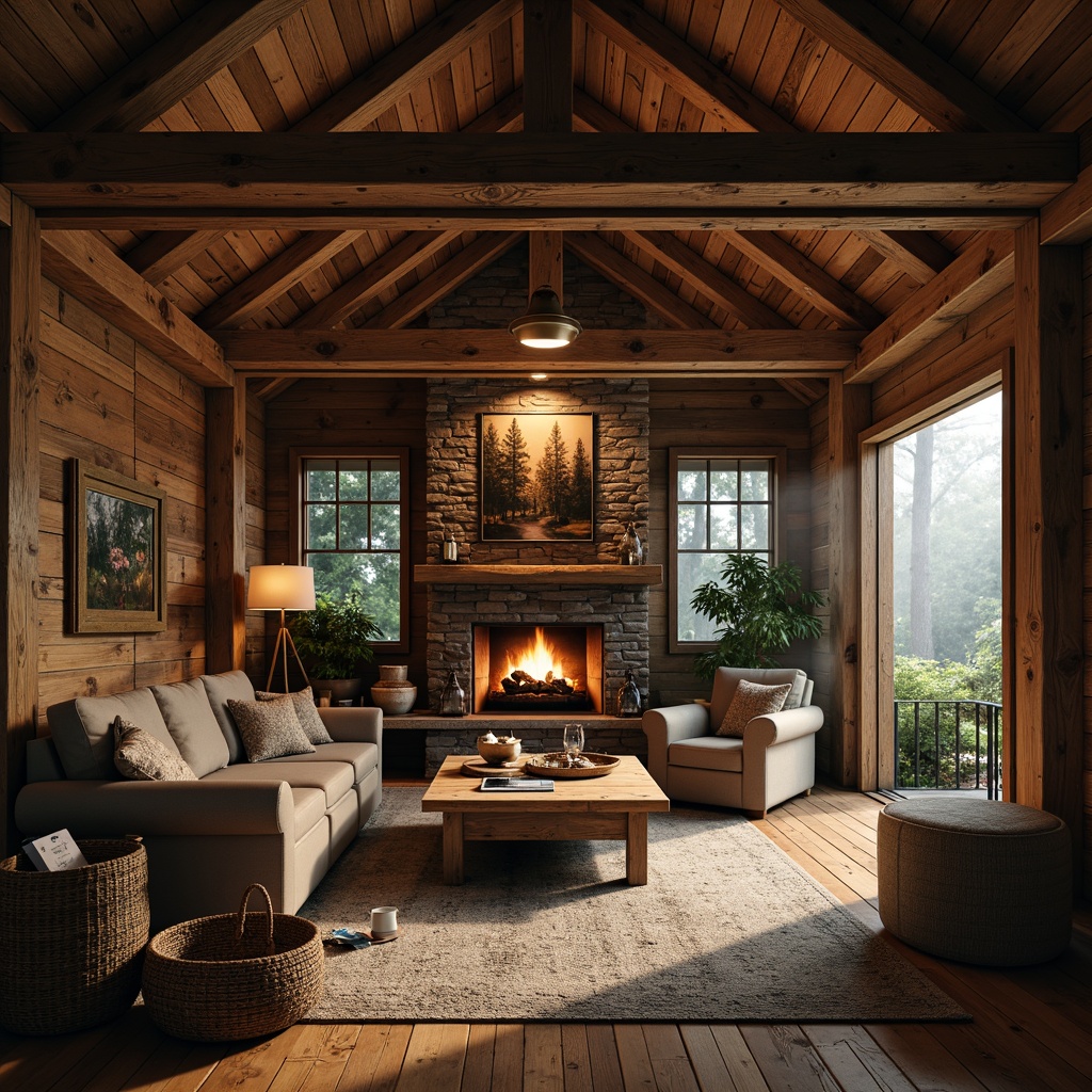 Prompt: Rustic wooden cabin, earthy tones, natural stone walls, distressed wood textures, vintage metal decorations, lantern lighting, cozy fireplace, plush furnishings, woven baskets, nature-inspired artwork, forest surroundings, misty morning atmosphere, soft warm lighting, shallow depth of field, 1/1 composition, realistic textures, ambient occlusion.