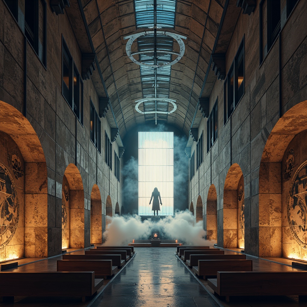 Prompt: Ancient monastery, futuristic accents, distressed stone walls, metallic trusses, glowing neon lights, holographic projections, minimalist chapels, sacred relics, ornate frescoes, cyberpunk-inspired murals, levitating sculptures, atmospheric fog, ethereal ambiance, soft pulsing lighting, shallow depth of field, 1/1 composition, symmetrical framing, high-contrast colors, realistic reflections, ambient occlusion.