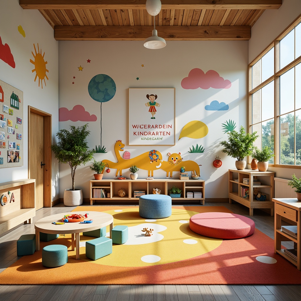 Prompt: Vibrant kindergarten, playful atmosphere, bright primary colors, soft pastel hues, whimsical illustrations, colorful rugs, interactive learning tools, circular tables, ergonomic chairs, natural wood accents, creative art stations, inspirational quotes, joyful murals, warm lighting, cozy reading nooks, textured wall finishes, cheerful decor, educational signage, fun patterns, engaging textures, shallow depth of field, 1/1 composition, realistic renderings.