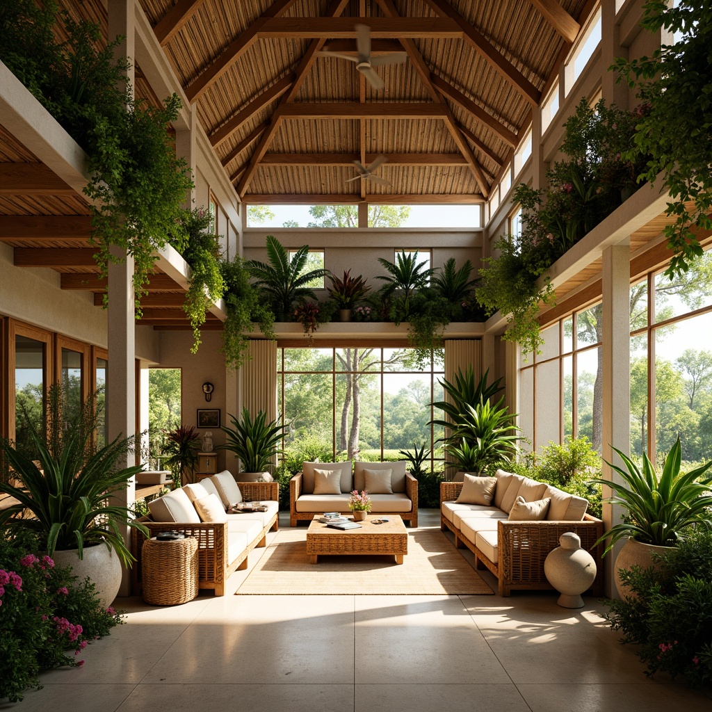 Prompt: Tropical style interior, high ceiling, wooden beams, natural materials, lush greenery, vibrant flowers, warm sunlight, large windows, sliding glass doors, open plan living, airy atmosphere, rattan furniture, woven textiles, earthy color palette, organic shapes, rustic wood accents, potted plants, hanging vines, soft diffused lighting, warm beige tones, 1/1 composition, shallow depth of field, realistic textures.