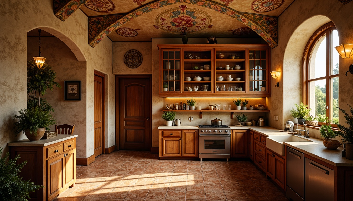 Prompt: Rustic pantry, warm golden lighting, ornate wooden cabinetry, distressed stone walls, vintage-inspired ceramic tiles, richly textured stucco finishes, earthy terracotta hues, elegant archways, decorative metal accents, lavish fresco ceilings, intricate moldings, soft warm beige tones, natural linen textures, 1/1 composition, shallow depth of field, realistic wood grain details.