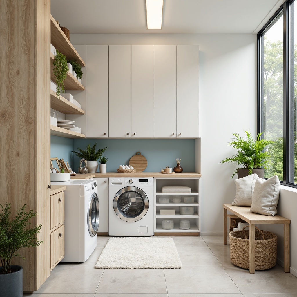 Prompt: Calming laundry room, soft pastel hues, creamy whites, gentle blues, warm beige tones, natural wood accents, stainless steel appliances, sleek modern cabinetry, ample storage spaces, task lighting, bright overhead lighting, refreshing greenery, airy feel, shallow depth of field, 1/1 composition, realistic textures, subtle ambient occlusion.