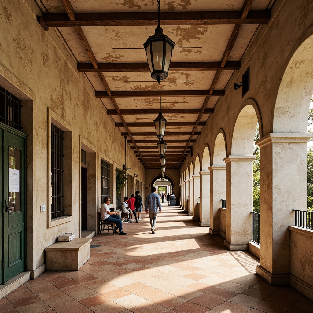 Prompt: Rustic metro station, distressed stone walls, vintage ironwork, elegant archways, soft cream-colored stucco, weathered wooden accents, ornate metal lanterns, warm terracotta flooring, earthy red brick, classic French country charm, subtle beige marble, rich walnut wood tones, soft golden lighting, shallow depth of field, 1/2 composition, natural textures, ambient occlusion.