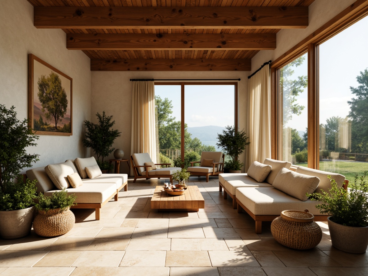 Prompt: Warm sunroom, large windows, natural stone floors, wooden beams, minimalist decor, organic shapes, earthy tones, linen upholstery, woven baskets, potted plants, greenery views, soft diffused light, 1/1 composition, shallow depth of field, realistic textures, ambient occlusion, mid-century modern style, retro-inspired furniture, geometric patterns, natural materials, cozy atmosphere, relaxed ambiance.