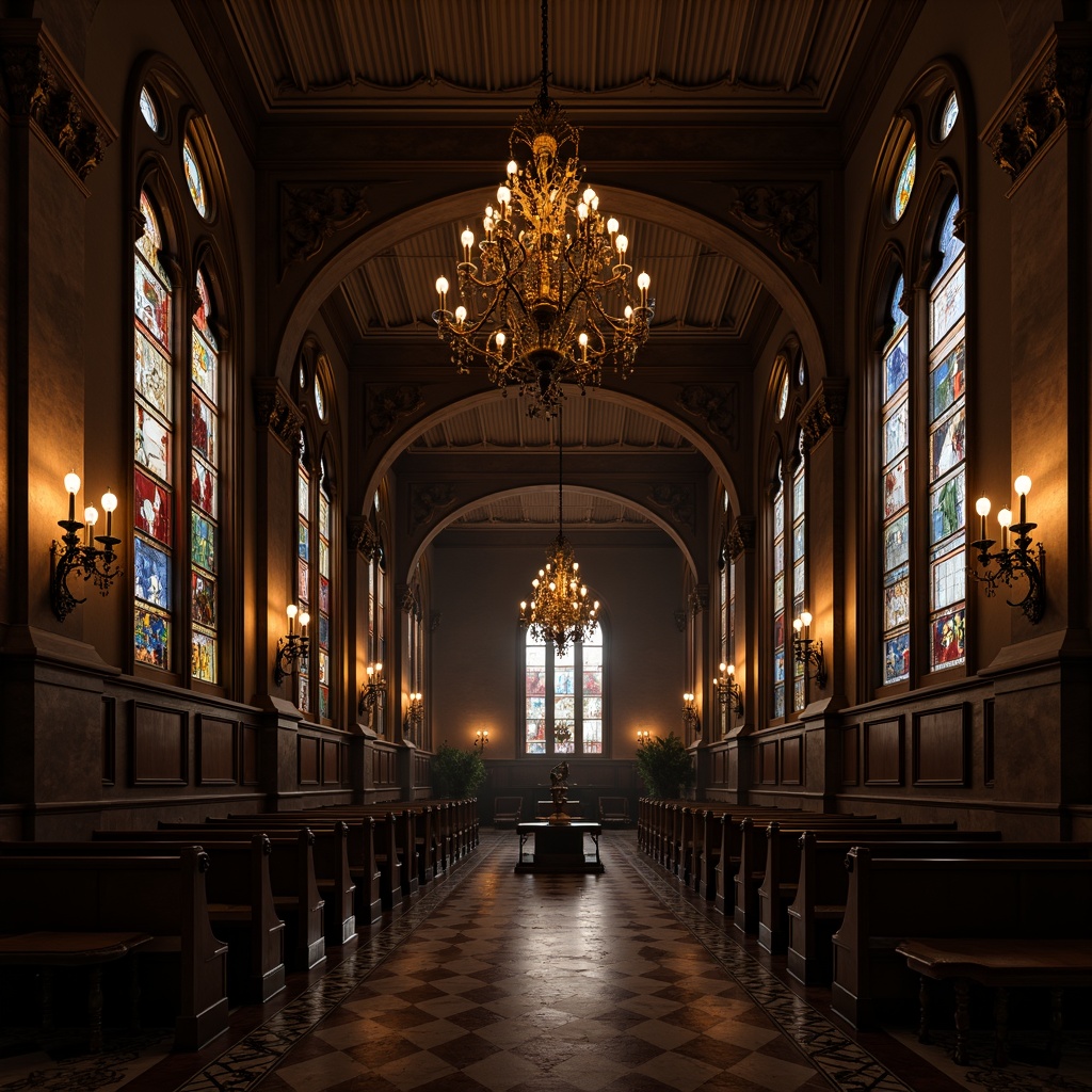 Prompt: Dark, mysterious ambiance, grand chandelier, ornate metalwork, stained glass windows, rich velvet drapes, dramatic candelabras, intricate stone carvings, majestic archways, ribbed vaulted ceiling, warm golden lighting, subtle shadows, 1/2 composition, soft focus, realistic textures, ambient occlusion.