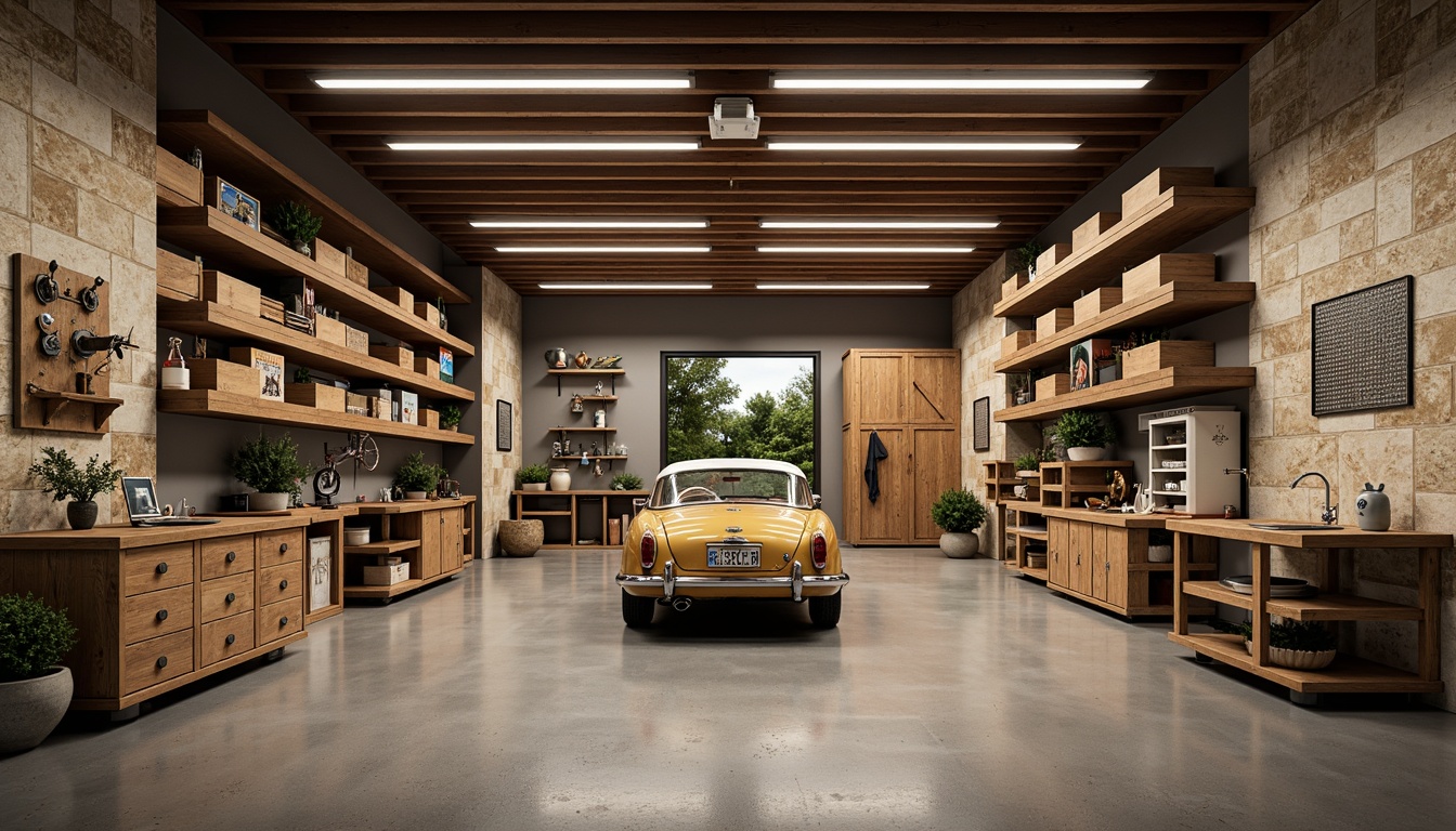 Prompt: Modern garage interior, warm wooden accents, sleek metal shelving units, customizable storage systems, overhead storage racks, epoxy-coated floors, LED lighting strips, natural stone walls, rustic wood crates, vintage car displays, hanging bicycle racks, tool organizers, workbenches with built-in vices, pegboards for accessories, earthy color palette, cozy atmosphere, shallow depth of field, 1/2 composition, realistic textures, ambient occlusion.