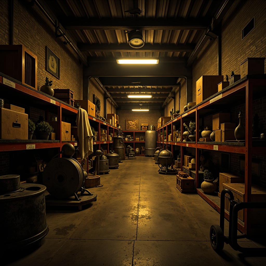 Prompt: Dimly lit storage room, eerie atmosphere, bold shadows, mysterious darkness, exposed brick walls, rusty metal racks, old wooden crates, flickering fluorescent lights, warm golden tones, dramatic contrast, high ceilings, narrow aisles, abstract expressionist art pieces, eclectic decorative objects, vintage industrial machinery, distressed textures, cinematic lighting effects, 1/1 composition, low-key photography, moody color palette.