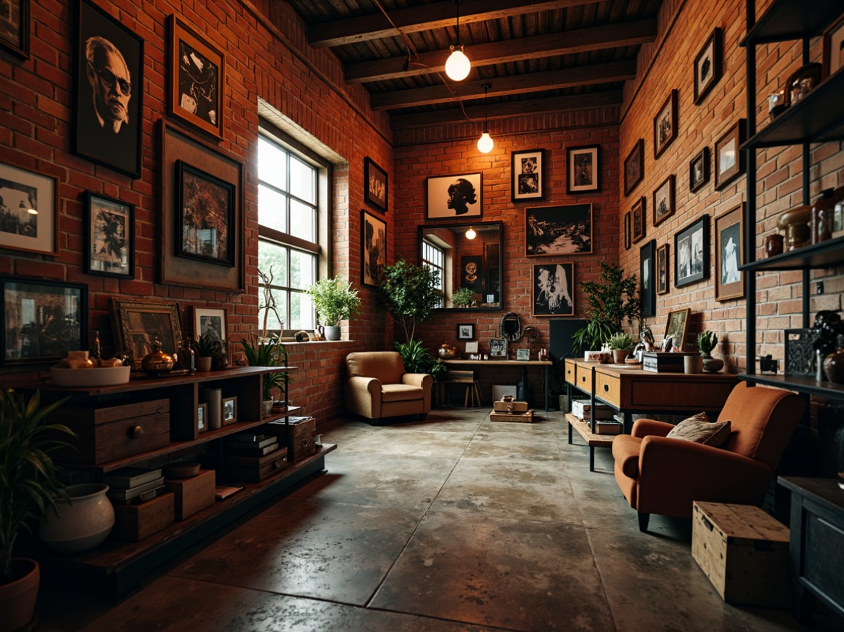 Prompt: Dramatic storage room, bold color palette, distorted proportions, irregular shapes, fragmented mirrors, abstract art pieces, exposed brick walls, industrial metal shelving, reclaimed wood accents, eclectic decorative objects, warm atmospheric lighting, soft focus, shallow depth of field, 2/3 composition, cinematic framing, avant-garde textures, moody ambient occlusion.