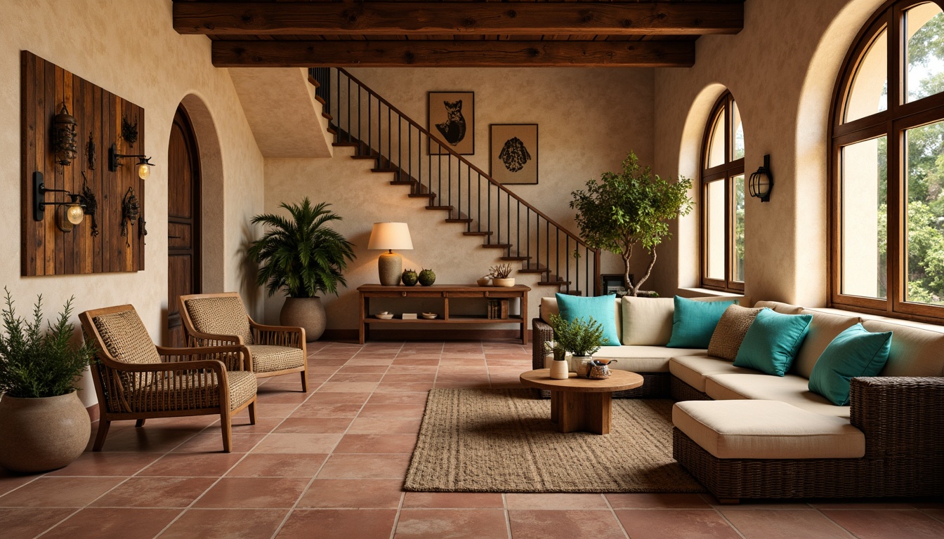 Prompt: Cozy Mediterranean-style basement, warm terracotta flooring, rustic stone walls, arched windows, soft golden lighting, plush sectional sofas, distressed wood coffee tables, woven rattan armchairs, vibrant turquoise accents, natural fiber rugs, potted olive trees, curved staircase, wrought iron railings, earthy color palette, warm beige tones, comfortable oversized pillows, ornate wooden decorations, candle lanterns, fragrant herbal scents.