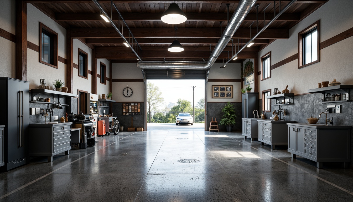 Prompt: Industrial garage interior, epoxy resin flooring, metallic sheen, high-gloss finish, slip-resistant tiles, dark gray concrete, rugged texture, modern industrial design, urban loft atmosphere, exposed ductwork, steel beams, pendant lighting, minimalist decor, functional layout, ample storage space, tool organizers, workbenches, epoxy-coated walls, polished chrome accents, overhead garage doors, natural light influx, soft shadows, 1/2 composition, realistic reflections.