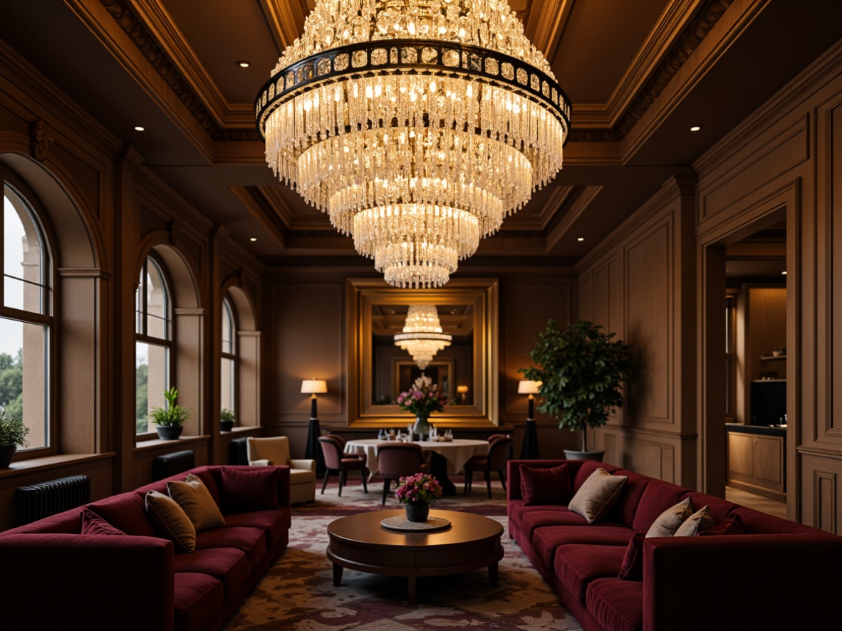 Prompt: Elegant crystal chandelier, warm golden lighting, ornate metalwork, lavish ceiling fixtures, luxurious ambiance, upscale interior design, sophisticated living room, refined dining area, intimate seating arrangement, plush velvet furniture, rich wood tones, subtle color palette, soft focus photography, 1/2 composition, moody atmosphere, dramatic shadows.