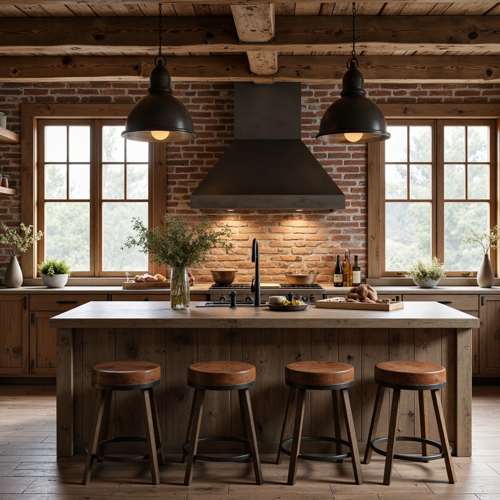 Prompt: Rustic farmhouse kitchen, vintage metal pendant lights, reclaimed wood island, worn leather stools, earthy color palette, natural stone countertops, distressed wooden beams, brick accent walls, country-style cabinets, antique hardware, soft warm lighting, shallow depth of field, 3/4 composition, realistic textures, ambient occlusion.