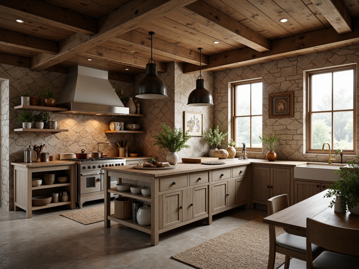 Prompt: Rustic farmhouse kitchen, vintage metal lanterns, distressed wood accents, earthy tones, natural stone walls, wooden beams, exposed brick, farmhouse sink, antique bronze faucets, woven jute rugs, linen upholstery, soft warm lighting, cozy atmosphere, 3/4 composition, shallow depth of field, realistic textures.