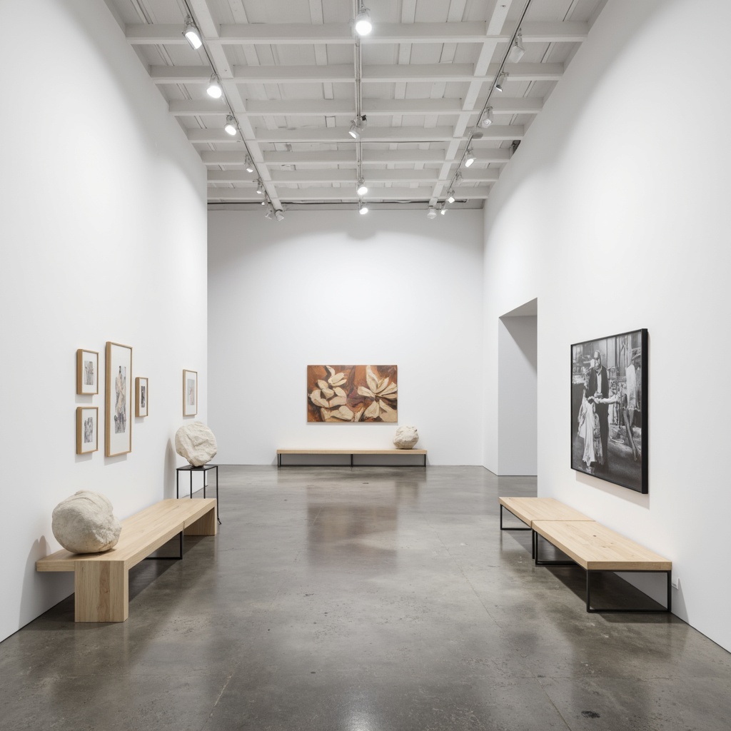 Prompt: White cube gallery, minimalist interior, polished concrete floor, white walls, modern track lighting, simple wooden benches, sparse artwork arrangement, geometric sculptures, abstract paintings, monochromatic color scheme, sleek metal frames, spotlights, softbox lights, shallow depth of field, 1/1 composition, panoramic view, realistic textures, ambient occlusion.