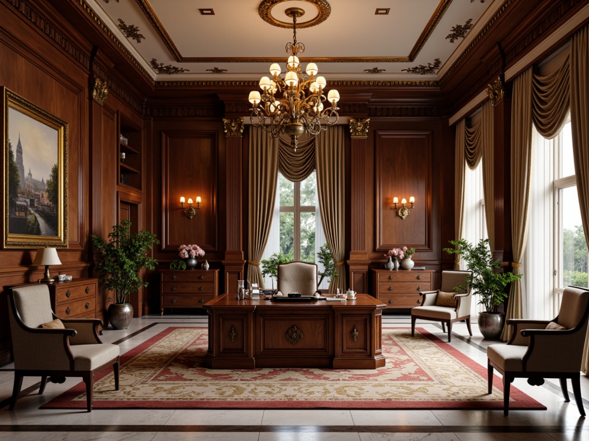 Prompt: Luxurious office interior, rich wood accents, ornate moldings, intricate carvings, polished marble floors, lavish chandeliers, plush velvet upholstery, stately executive desks, leather-bound tomes, gilded frame artwork, opulent textiles, majestic high ceilings, dramatic drapery, sophisticated color palette, warm ambient lighting, shallow depth of field, 2/3 composition, realistic reflections, soft focus blur.