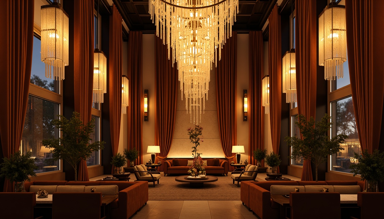 Prompt: Elegant chandeliers, ornate sconces, warm golden lighting, lavish crystal drops, luxurious velvet drapes, rich wood accents, opulent furnishings, refined interior design, sophisticated ambiance, intimate seating areas, dramatic ceiling fixtures, suspended light installations, artistic glass sculptures, soft warm glow, cozy atmosphere, relaxing mood, 1/1 composition, shallow depth of field, realistic textures, ambient occlusion.