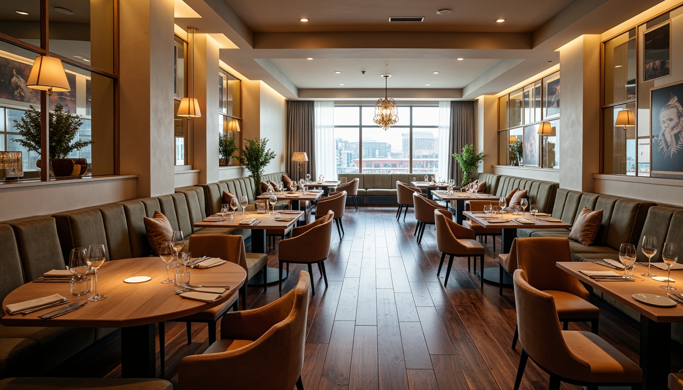 Prompt: \Elegant modern dining hall, neutral beige walls, rich dark wood flooring, luxurious velvet upholstery, metallic gold accents, sophisticated pendant lighting, floor-to-ceiling windows, urban cityscape views, soft warm ambiance, shallow depth of field, 3/4 composition, realistic textures, ambient occlusion.\