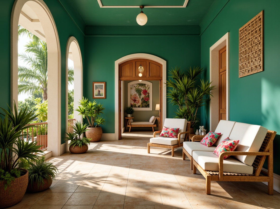 Prompt: Vibrant tropical interior, lush green walls, warm beige flooring, natural wood accents, woven rattan furniture, colorful coral-inspired textiles, soft turquoise hues, creamy white trim, exotic palm fronds, bright floral patterns, sunny afternoon lighting, shallow depth of field, 1/2 composition, relaxed atmosphere, ambient occlusion.