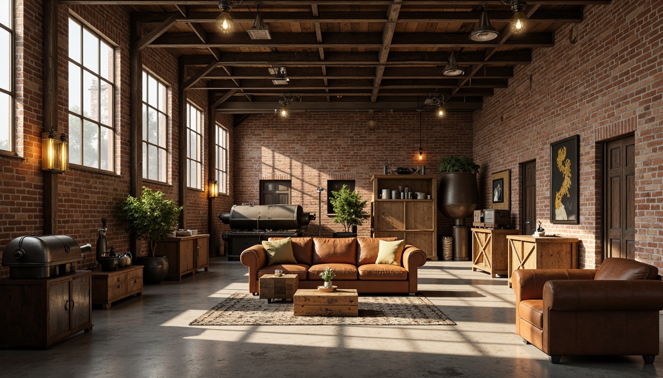 Prompt: Industrial warehouse, exposed brick walls, metal beams, concrete floors, light yellow accents, warm toned wooden crates, rusty metal machinery, vintage factory equipment, distressed leather furniture, reclaimed wood shelves, Edison bulb lighting, soft warm glow, shallow depth of field, 1/2 composition, realistic textures, ambient occlusion.