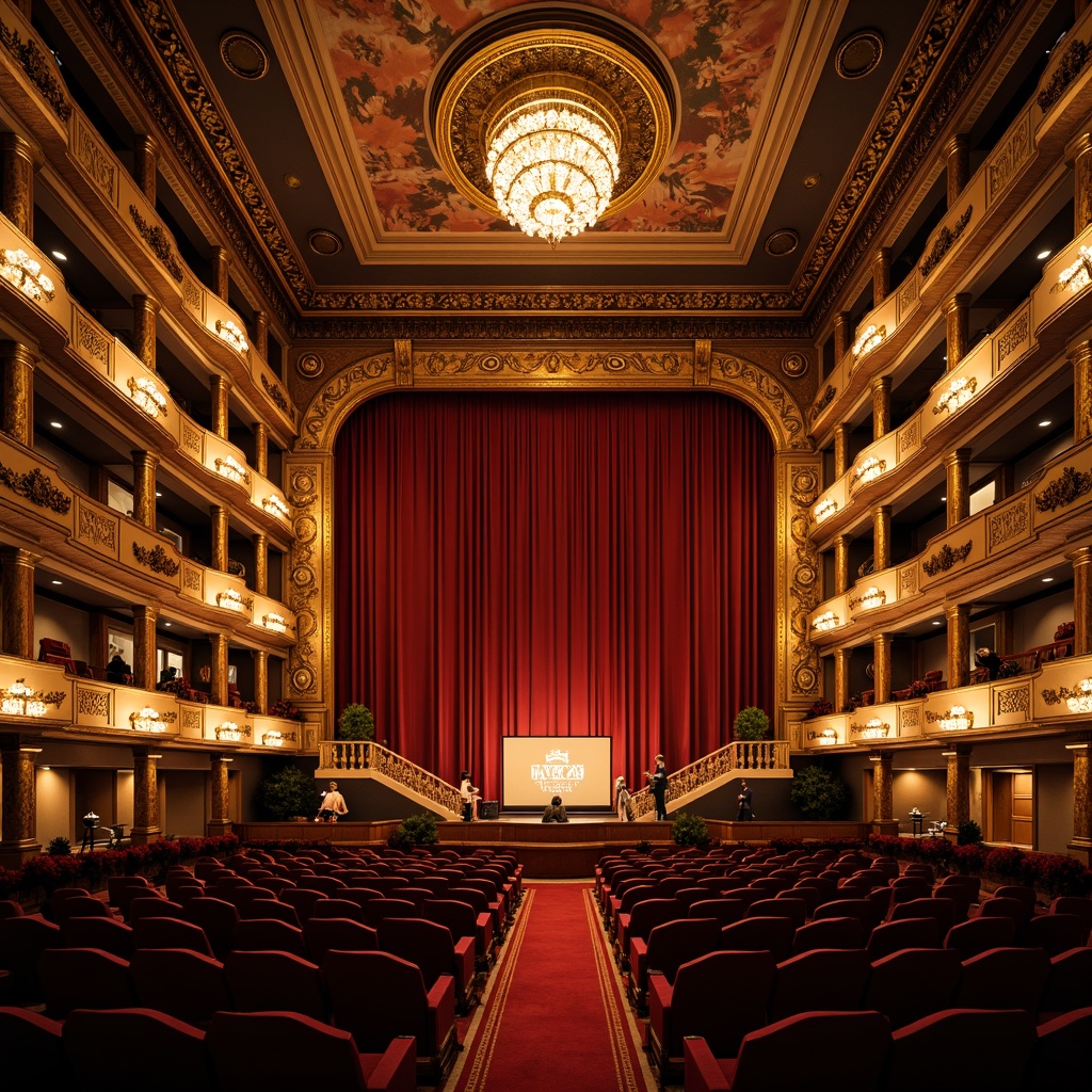 Prompt: Ornate theater interior, rich velvet drapes, golden accents, intricate moldings, ornamental plasterwork, crystal chandeliers, red carpeted aisles, grand staircases, marble columns, frescoed ceilings, lavish balconies, opulent box seats, dramatic spotlights, warm ambient glow, soft focus lighting, cinematic composition, symmetrical framing, detailed textures, realistic reflections.