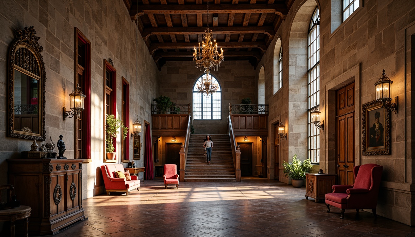 Prompt: Grand hall, high ceilings, ornate chandeliers, wooden flooring, polished hardwood, herringbone patterns, rustic stone walls, medieval-inspired furniture, velvet drapes, stained glass windows, majestic staircase, regal atmosphere, warm soft lighting, 1/1 composition, realistic textures, ambient occlusion, dramatic shadows.