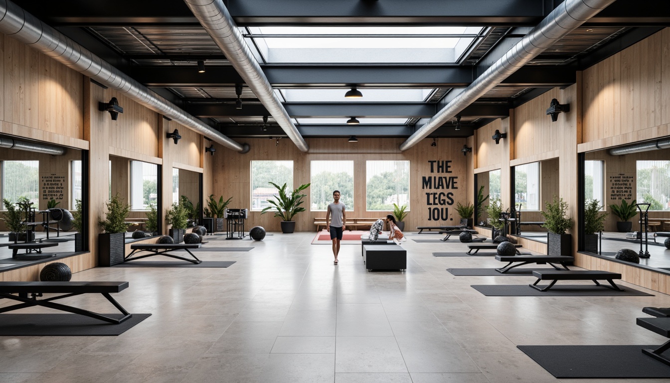 Prompt: Minimalist gym interior, industrial-chic aesthetic, exposed ductwork, polished concrete floors, metallic beams, functional layout, open spaces, mirrored walls, sleek equipment stations, modern fitness machines, free weights area, yoga mats, wooden accents, natural light, clerestory windows, high ceilings, urban feel, neutral color palette, bold typography, motivational quotes, subtle branding elements, clean lines, simplicity emphasis.