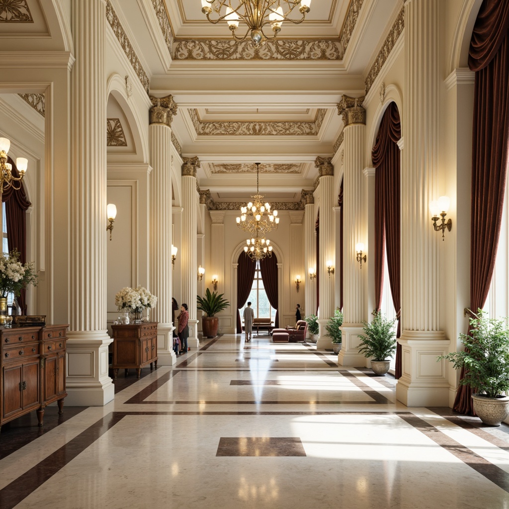 Prompt: Elegant neoclassical interior, high-gloss marble floors, ornate patterns, creamy white columns, intricately carved wooden paneling, soft warm lighting, ornamental moldings, refined furniture pieces, luxurious velvet drapes, subtle cream-colored walls, stately chandeliers, classical archways, symmetrical compositions, detailed stone carvings, polished metal fixtures, lavish textiles, regal atmosphere, Renaissance-inspired motifs.