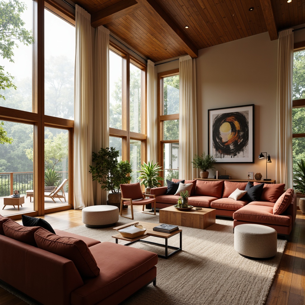 Prompt: Mid-century modern living room, rich wood tones, velvet sofas, tufted ottomans, minimalist coffee tables, sleek metal legs, geometric patterned rugs, abstract artwork, floor-to-ceiling windows, natural light pouring in, warm beige walls, soft cream-colored curtains, cozy reading nooks, ambient pendant lighting, 3/4 composition, realistic textures, atmospheric fog effect.