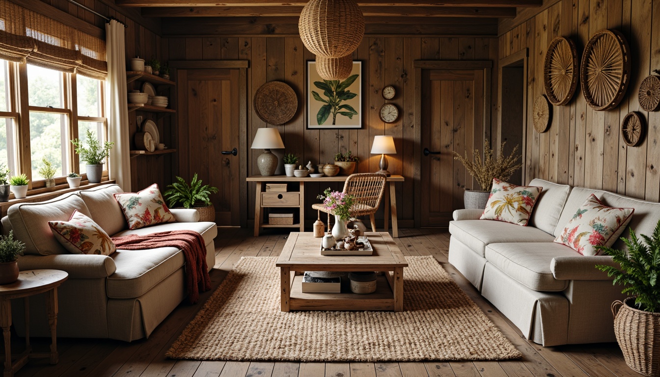 Prompt: Rustic farmhouse interior, vintage textiles, distressed wood accents, woven baskets, natural fiber rugs, earthy color palette, plush throw blankets, velvet pillows, linen upholstery, floral patterns, botanical prints, soft warm lighting, cozy atmosphere, shallow depth of field, 2/3 composition, realistic textures, ambient occlusion.