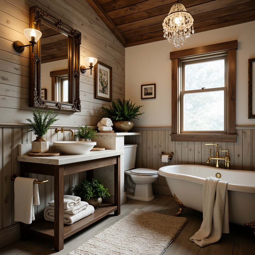 Prompt: Rustic farmhouse powder room, distressed wood accents, shiplap walls, vintage metal fixtures, porcelain sink, ornate mirror frame, soft warm lighting, natural stone countertops, earthy color palette, woven textiles, botanical prints, feminine touches, crystal chandelier, elegant freestanding tub, velvety drapes, metallic gold hardware, luxurious fabrics, spa-like ambiance, serene atmosphere, 3/4 composition, shallow depth of field, realistic textures.