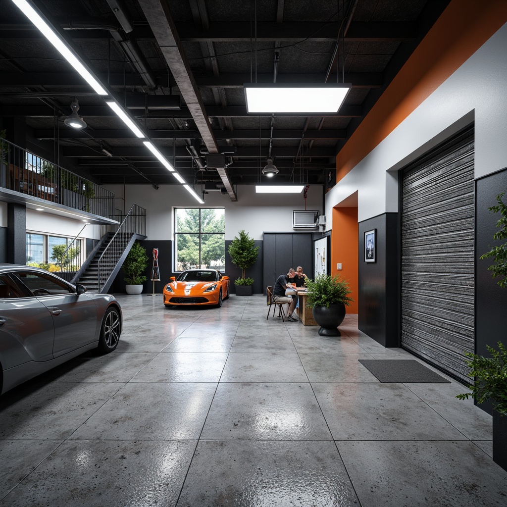 Prompt: Industrial-style garage, polished concrete floors, epoxy-coated surfaces, metallic accents, modern LED lighting, sleek lines, minimalist decor, functional storage systems, durable ceramic tiles, oil-resistant finishes, high-gloss surfaces, bold color schemes, textured patterns, diagonal composition, shallow depth of field, realistic reflections.