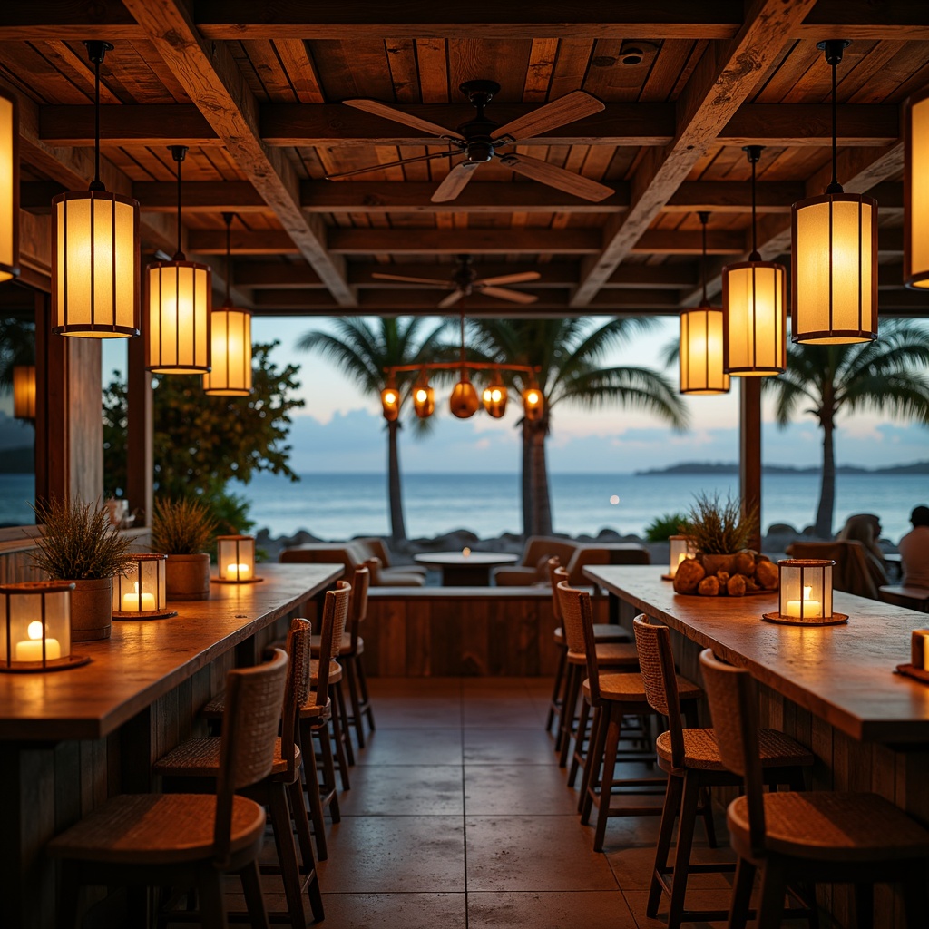 Prompt: Coastal bar interior, warm beachy ambiance, rustic wood accents, nautical decorations, pendant lanterns, soft blue-green glass shades, LED strip lights, frosted glass chandeliers, candlelit tables, ambient dimmable lighting, golden hour glow, shallow depth of field, 1/2 composition, realistic textures, subtle shadowing.