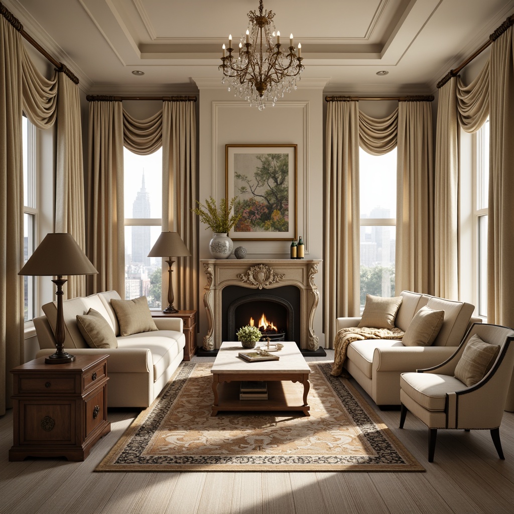 Prompt: Elegant family room, neoclassical furniture, cream-colored sofa, velvet armchairs, ornate wooden coffee table, carved marble fireplace, grand crystal chandelier, soft beige carpeting, richly patterned rugs, luxurious drapery, tall windows, natural daylight, warm ambient lighting, shallow depth of field, 2/3 composition, realistic textures, subtle atmospheric effects.