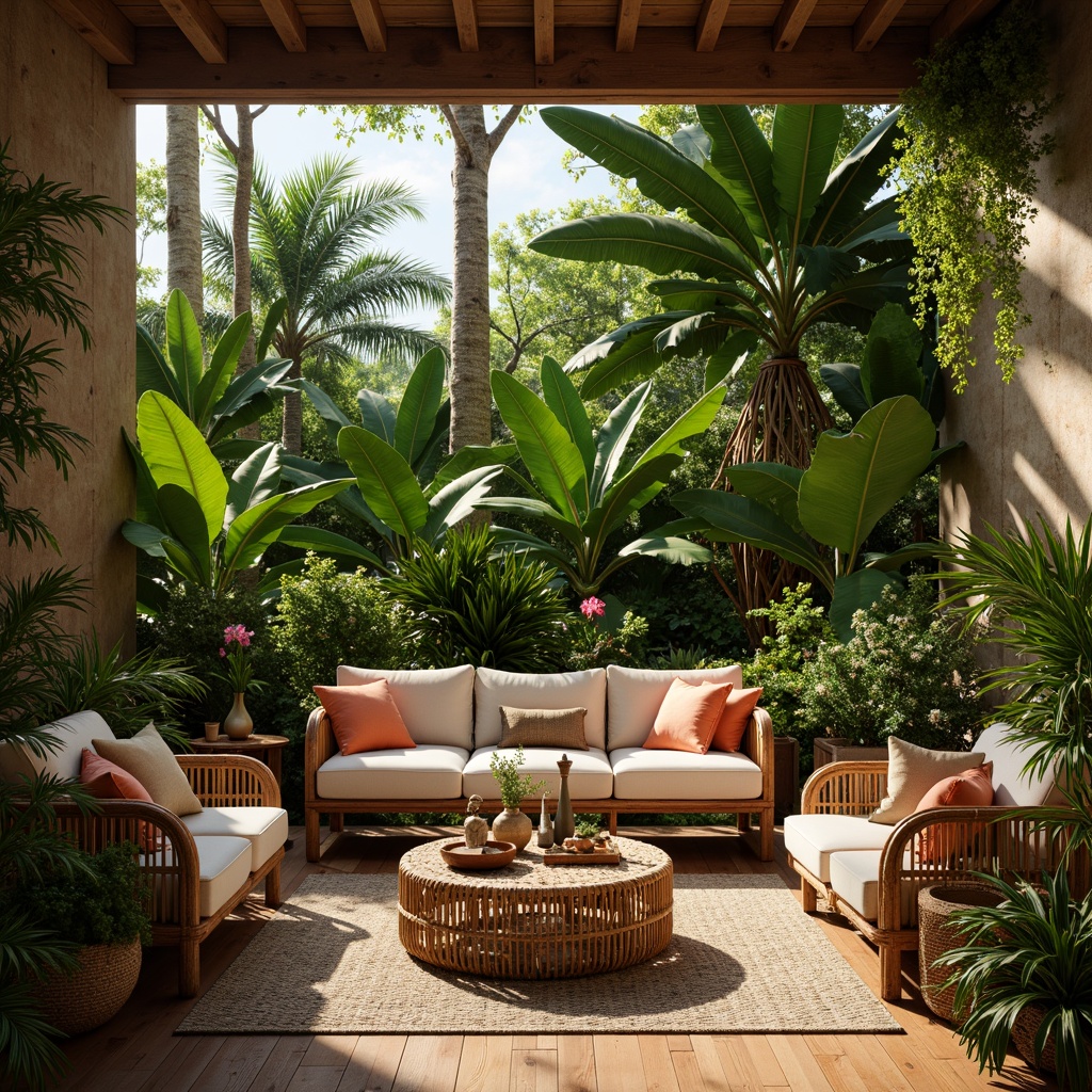 Prompt: Vibrant tropical living room, lush greenery, exotic plants, wicker furniture, rattan decor, natural textiles, earthy tones, wooden accents, warm ambient lighting, soft diffused shadows, shallow depth of field, 1/1 composition, realistic render, abundant foliage, colorful blooms, palm trees, bamboo details, woven baskets, organic shapes, jungle-inspired patterns.