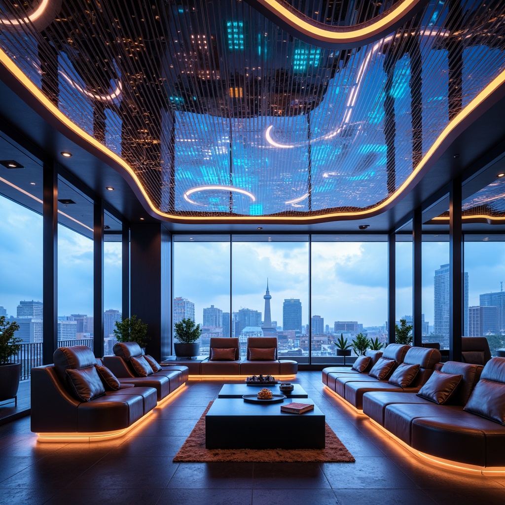 Prompt: Futuristic interior design, metallic surfaces, neon light accents, holographic projections, minimalist decor, sleek lines, avant-garde furniture, sound-absorbing materials, acoustic panels, wave-like ceilings, 3D-printed decorative elements, iridescent color schemes, ambient lighting, LED strip illumination, floor-to-ceiling windows, panoramic city views, urban landscape, high-tech gadgets, virtual reality interfaces, cyberpunk-inspired accents, immersive audio experiences, cinematic soundscapes, surround sound systems.