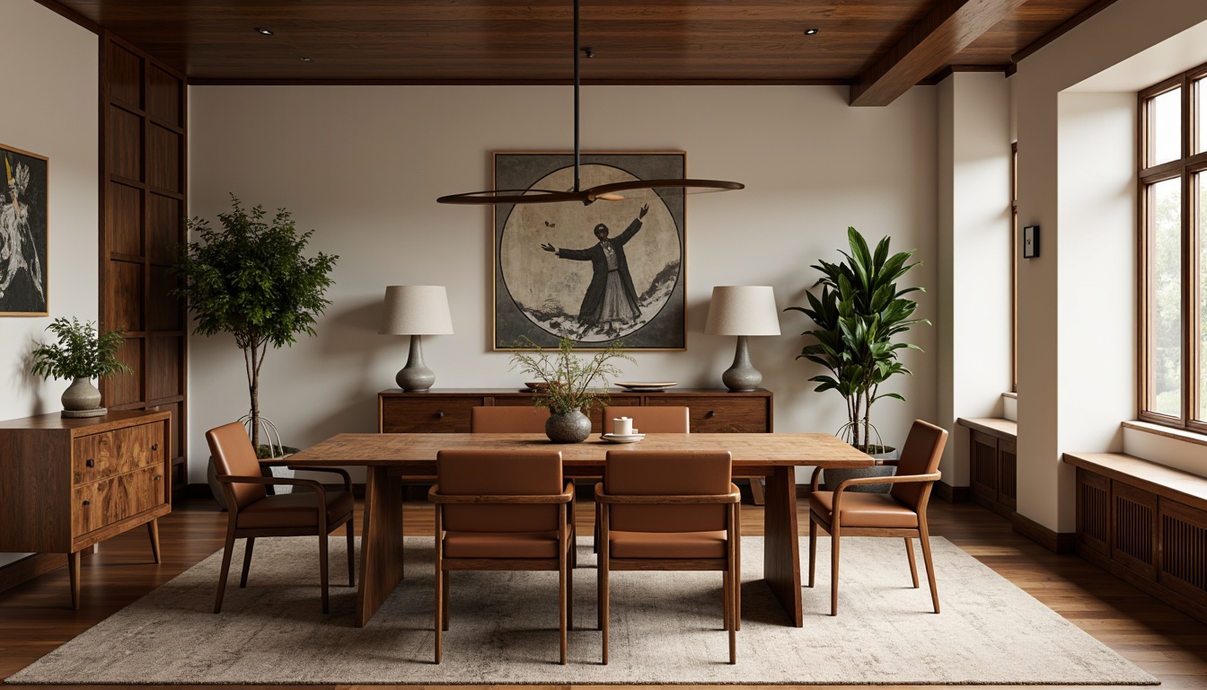 Prompt: Mid-century modern dining room, walnut wood furniture, elegant curves, tapered legs, tufted upholstery, rich brown leather, geometric patterns, abstract artwork, minimalist decor, natural materials, earthy tones, warm ambient lighting, soft shadows, 1/1 composition, realistic textures, subtle reflections.